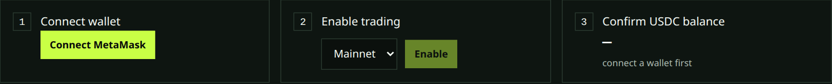 Wallet setup with three steps: connect wallet, enable trading, confirm USDC balance