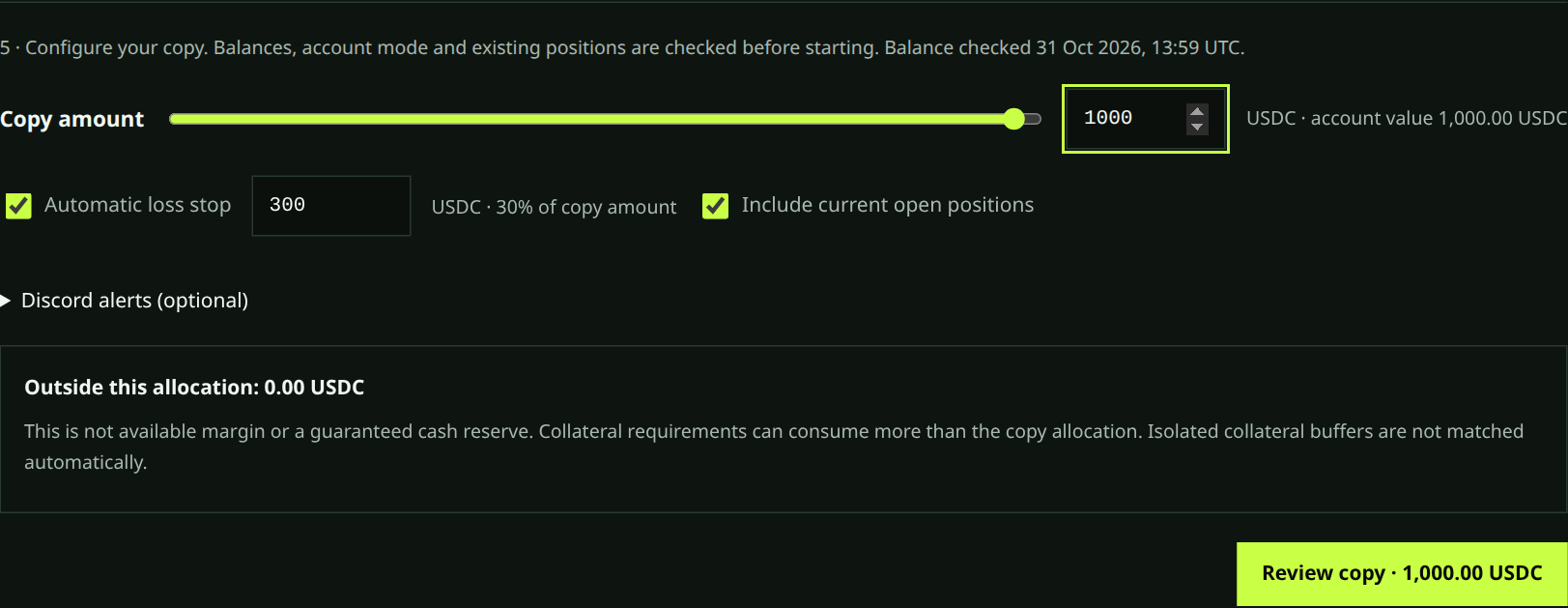 Copy amount slider set to 1,000 USDC with an automatic loss stop of 300 USDC