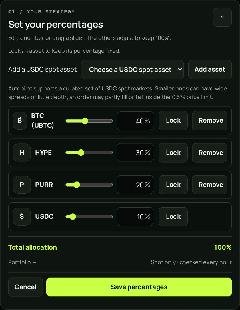 Autopilot editor setting target percentages for BTC, HYPE, PURR and USDC